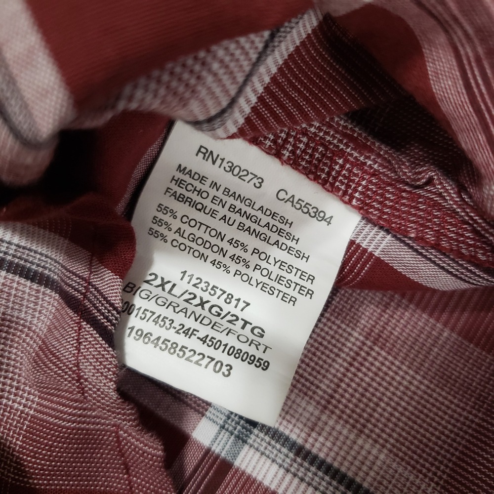 Wrangler Western Shirts Men's‎ 2XL Long Sleeve Plaid Pearl Snap Shirt Burgundy - Picture 10 of 13